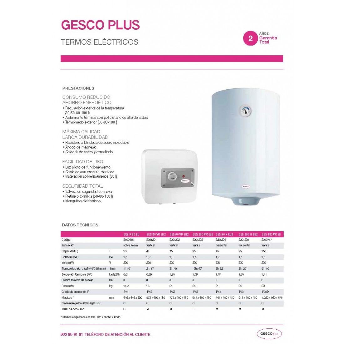Termo de agua electrico Gesco Plus 50L, 80L y 100L mínimo consumo